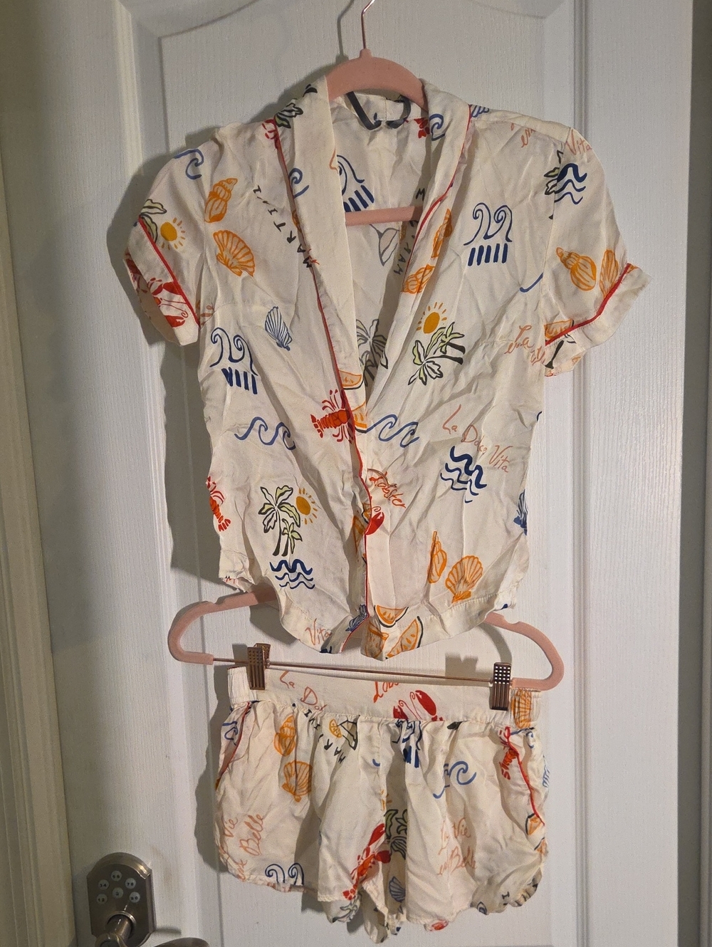 Anthropologie  Cream Beach Print Silky Pajamas